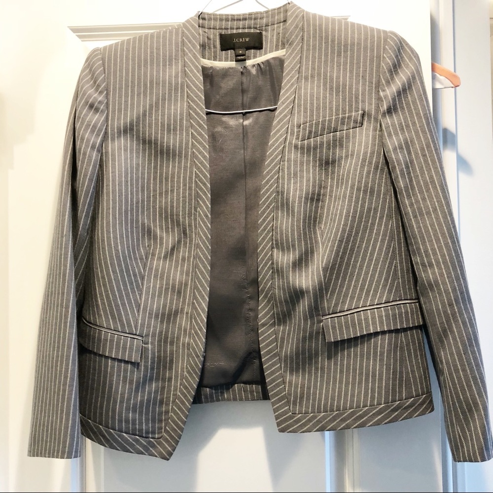 J Crew Cropped Striped Wool Jacket in Grey